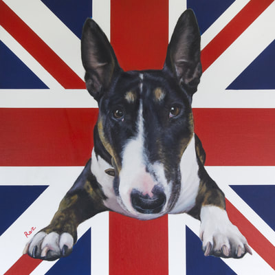 English Bull Terrier Painting. Oil on Canvas, Union Jack Background